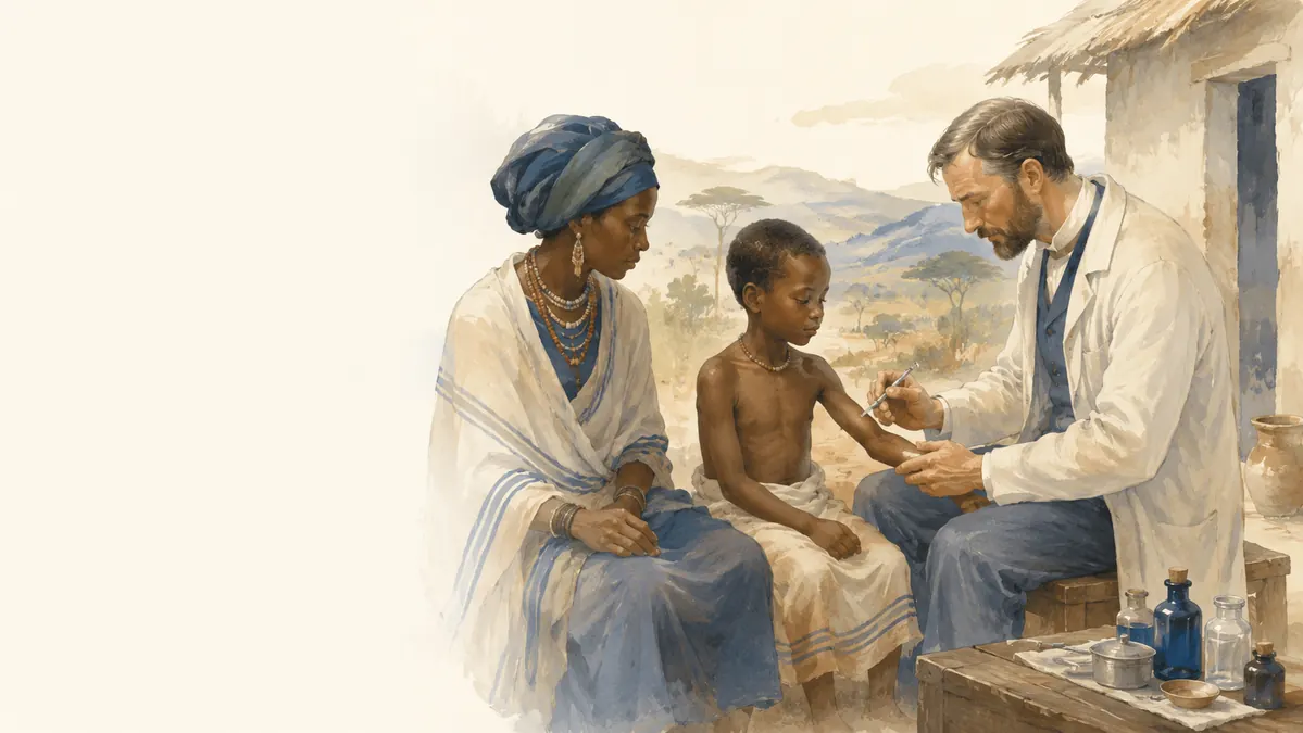 1890s-inspired artwork of a doctor caring for an African mother and child