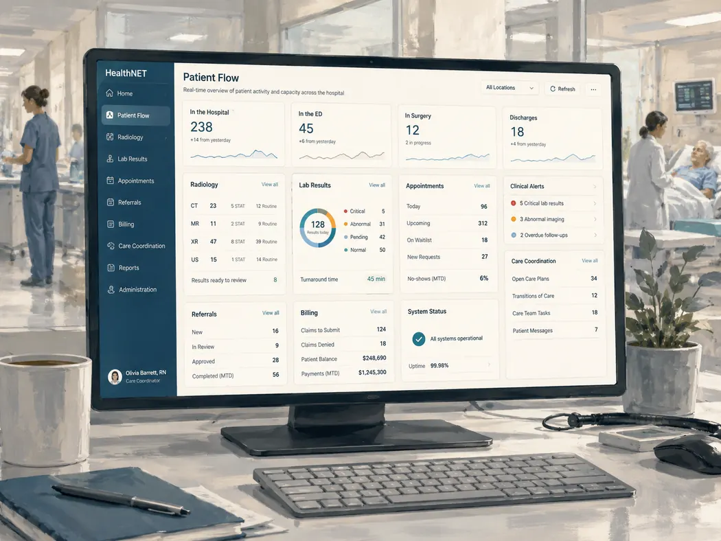 Painted screenshot-style illustration of a HealthNET hospital dashboard
