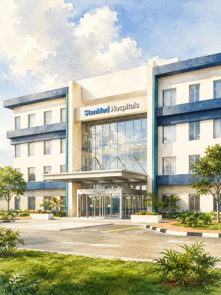 Painted architectural rendering of StanMed Hospital Riara