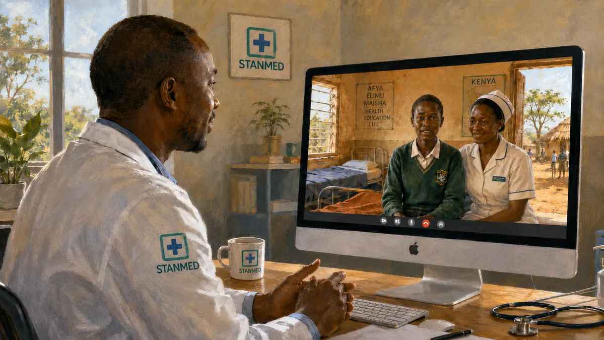 Painted telemedicine consultation showing a StanMed doctor speaking by video to a student patient in a rural Kenyan school sanatorium with a nurse seated beside the student.